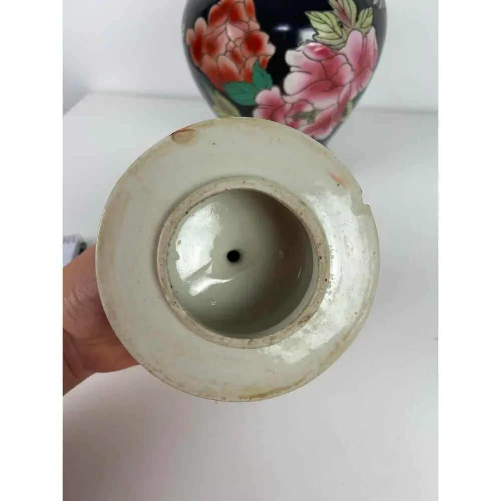 Vintage Japanese Hand Painted Ginger Jar w/ Lid Birds Florals Pottery Vase